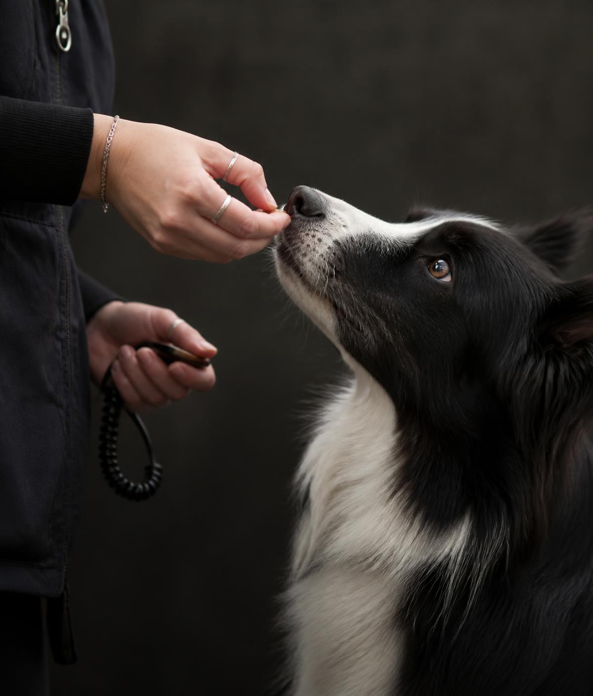 Educatore cinofilo premia un border collie durante una sessione di lavoro